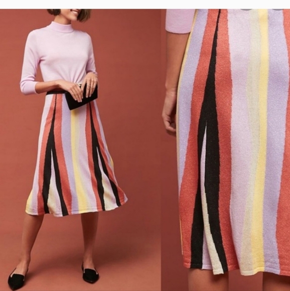 Anthropologie Laia Pink Purple Stripe Midi Knit Swing Skirt Size Small Mod Artsy - Picture 12 of 12